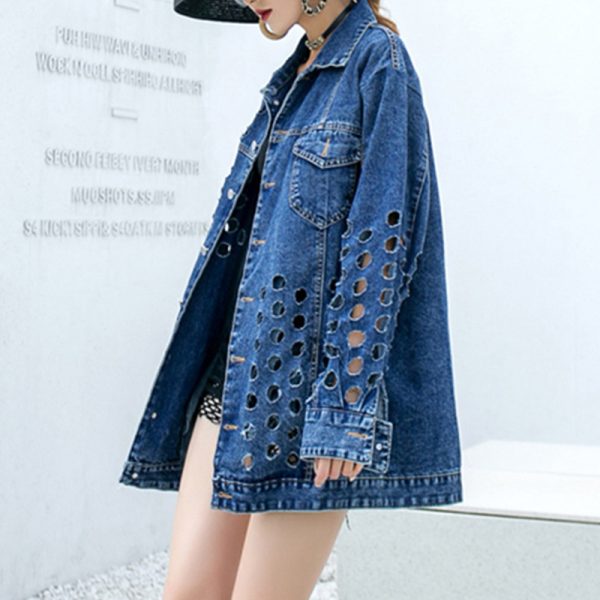 New Style Hollow Out Patchwork Belt Pockets Single Breasted Denim Jacket For Women