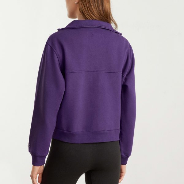 Premium Organic Zip Neckline Dropped Shoulders Side Pockets Relaxed Fit Dark Plum Sweatshirt