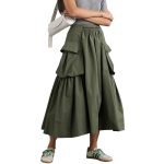 Army Green Solid Color A Line 2024 Ladies Midi Cargo Skirt With Pockets