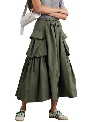 Army Green Solid Color A Line 2024 Ladies Midi Cargo Skirt With Pockets