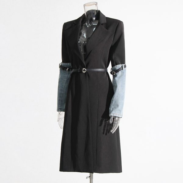 New Style Colorblock Denim Trench Coat Spliced Button Belt Jacket For Women