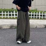 2024 Spring Pocket Decoration Wide Leg Cotton Black Woman Cargo Pants