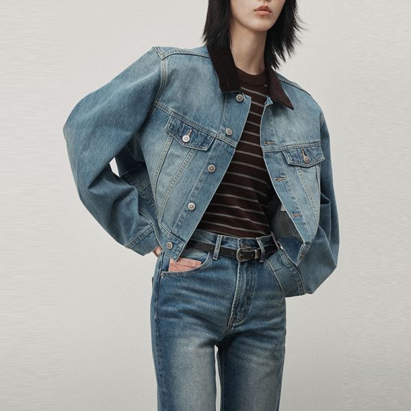 Vintage Denim Jacket Lapel Collar Spliced Single Breasted Pockets Jackets For Women