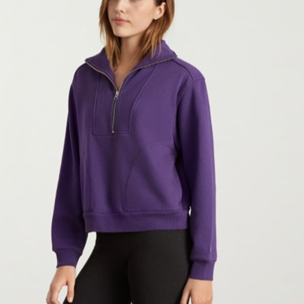 Premium Organic Zip Neckline Dropped Shoulders Side Pockets Relaxed Fit Dark Plum Sweatshirt