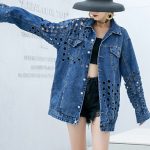 New Style Hollow Out Patchwork Belt Pockets Single Breasted Denim Jacket For Women