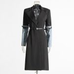 New Style Colorblock Denim Trench Coat Spliced Button Belt Jacket For Women