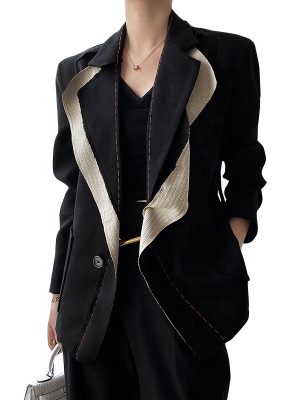 Patchwork Colorblock Lapel Collar Long Sleeve Loose Women's Jacket