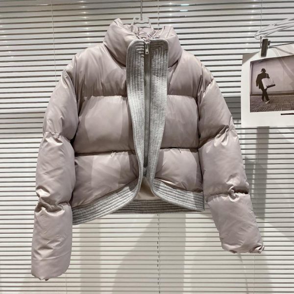 Stand Collar Loose Long Sleeve Patchwork Zipper Women Winter Puffer Jacket