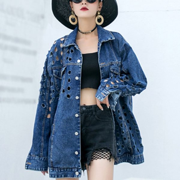 New Style Hollow Out Patchwork Belt Pockets Single Breasted Denim Jacket For Women