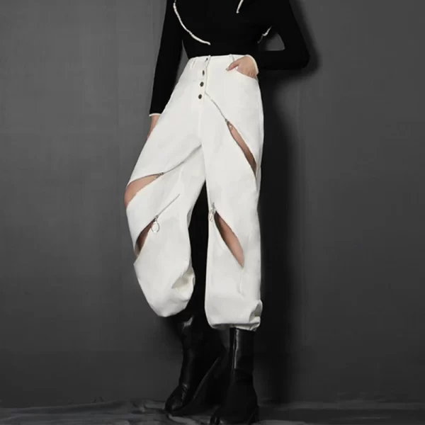 High Waist Straight Wide Leg Hollow Out Patchwork Zipper Ladies Women Pants Trousers