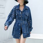 New Style Hollow Out Patchwork Belt Pockets Single Breasted Denim Jacket For Women