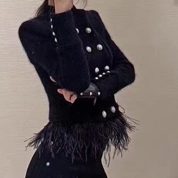 High Waist Patchwork Feathers Hem Solid Color Woman Coats And Jackets