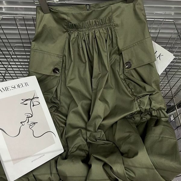 Army Green Solid Color A Line 2024 Ladies Midi Cargo Skirt With Pockets