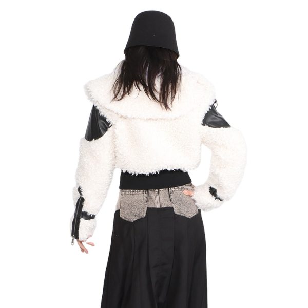 Pu Leather Lamb's Wool Jacket Short Belt Buckles patchwork Zippers For Women