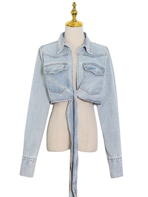 High Quality Solid Color Turn Down Collar Lapel Long Sleeve Denim Jackets For Women