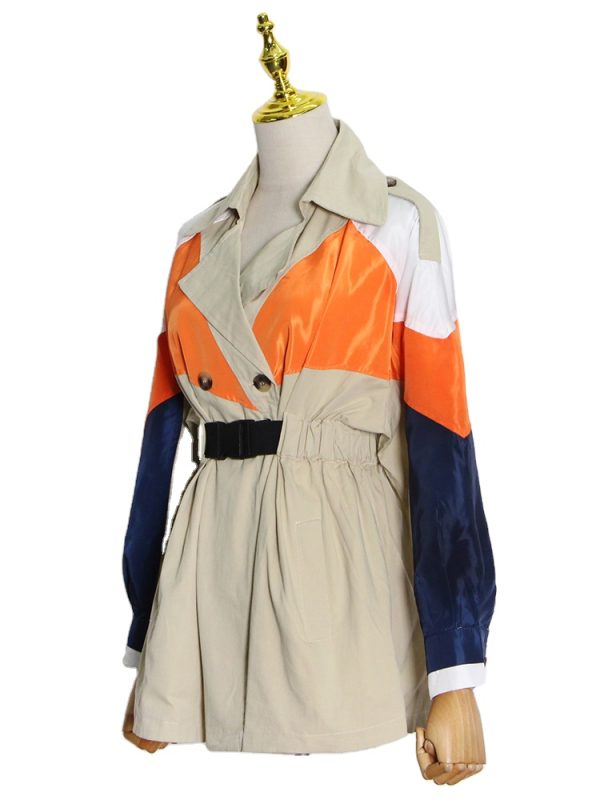 Patchwork Colorblock Lantern Sleeve Sashes High Waist Plus Size Jackets