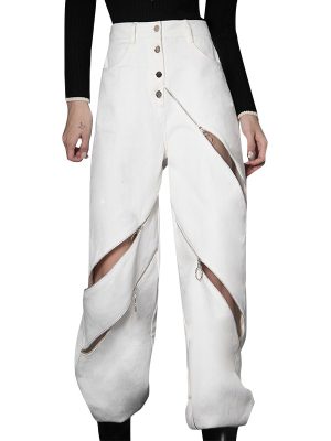 High Waist Straight Wide Leg Hollow Out Patchwork Zipper Ladies Women Pants Trousers