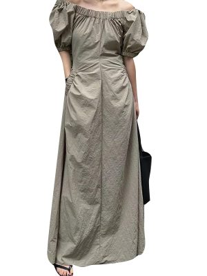 Slash Neck Puff Sleeve High Waist Spliced Pockets Summer Maxi 2024 Long Dresses For Women