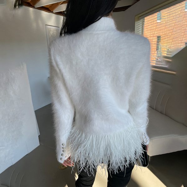 High Waist Patchwork Feathers Hem Solid Color Woman Coats And Jackets